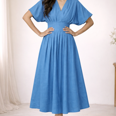 Blue Cotton Pleated Midi Dress for Women 