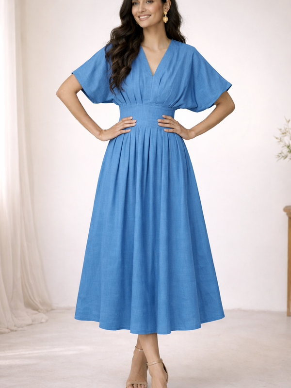 Blue Cotton Pleated Midi Dress for Women 