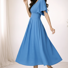 Blue Cotton Pleated Midi Dress for Women Side