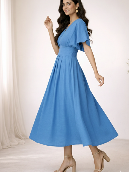 Blue Cotton Pleated Midi Dress for Women Side