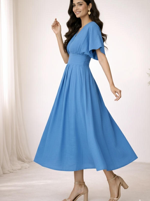 Blue Cotton Pleated Midi Dress for Women Side