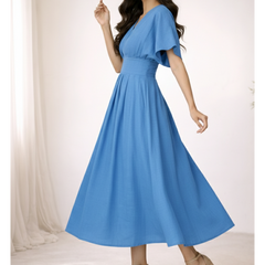 Indibelle Solid Blue Colour Cotton Pleated Midi Dress