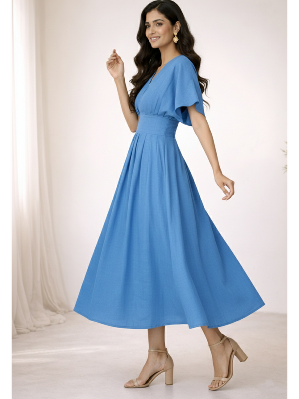 Indibelle Solid Blue Colour Cotton Pleated Midi Dress