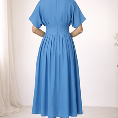 Blue Cotton Pleated Midi Dress for Women Back