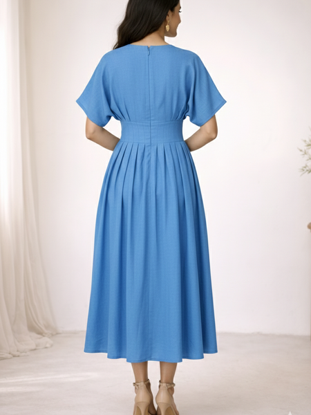 Blue Cotton Pleated Midi Dress for Women Back