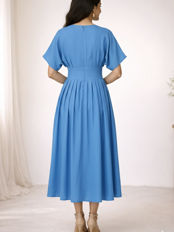 Blue Cotton Pleated Midi Dress for Women Back