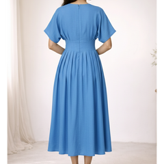 Indibelle Solid Blue Colour Cotton Pleated Midi Dress