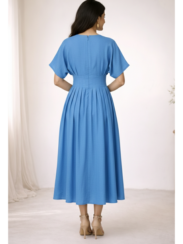 Indibelle Solid Blue Colour Cotton Pleated Midi Dress