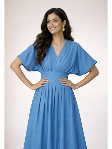 Indibelle Solid Blue Colour Cotton Pleated Midi Dress