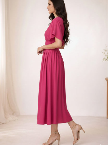 Pink Cotton Pleated Midi Dress for Women Side 