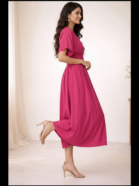 Indibelle Solid Pink Colour Cotton Pleated Midi Dress