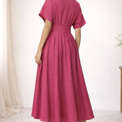 Pink Cotton Pleated Midi Dress for Women Back