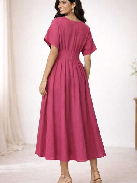 Pink Cotton Pleated Midi Dress for Women Back