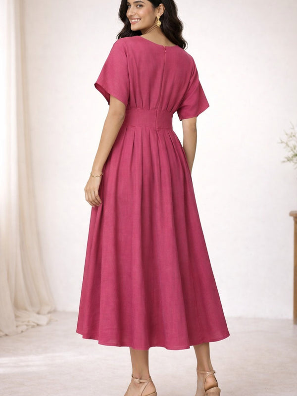 Pink Cotton Pleated Midi Dress for Women Back