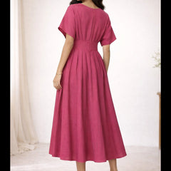 Indibelle Solid Pink Colour Cotton Pleated Midi Dress
