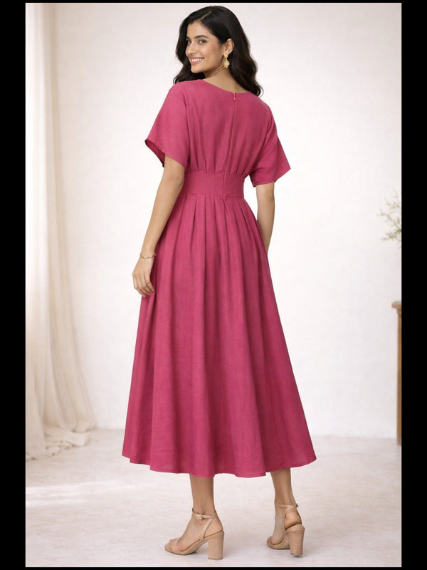 Indibelle Solid Pink Colour Cotton Pleated Midi Dress
