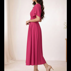 Indibelle Solid Pink Colour Cotton Pleated Midi Dress