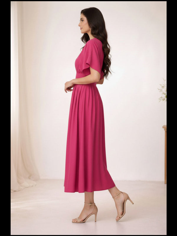 Indibelle Solid Pink Colour Cotton Pleated Midi Dress