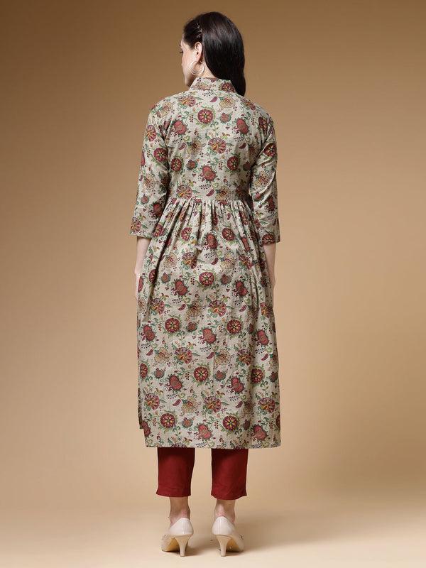 Indibelle Green Floral Print Cotton Nyra Kurta Set