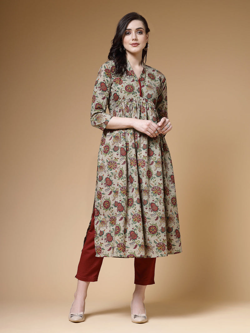 Indibelle Mehandi Floral Print Cotton Nyra Kurta