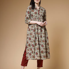 Indibelle Mehandi Floral Print Cotton Nyra Kurta