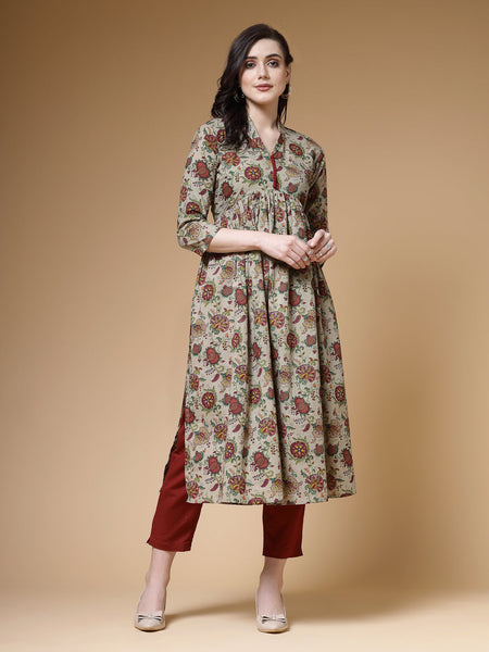 Indibelle Mehandi Floral Print Cotton Nyra Kurta