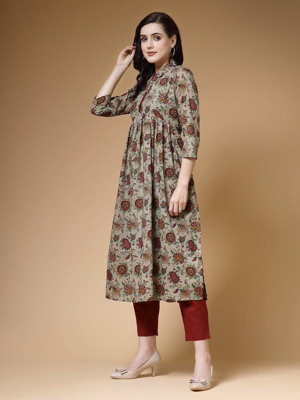 Indibelle Green Floral Print Cotton Nyra Kurta Set