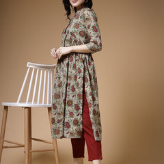 Indibelle Mehandi Floral Print Cotton Nyra Kurta