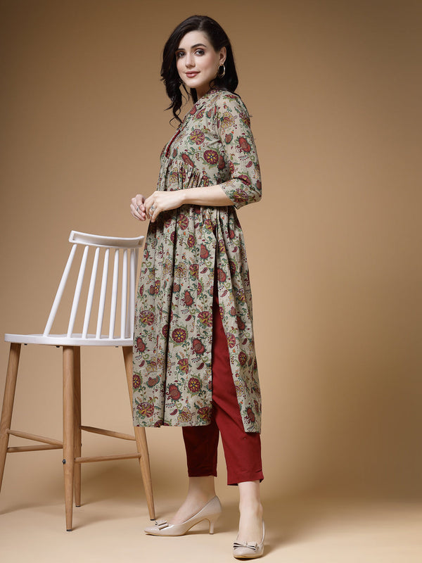 Indibelle Mehandi Floral Print Cotton Nyra Kurta