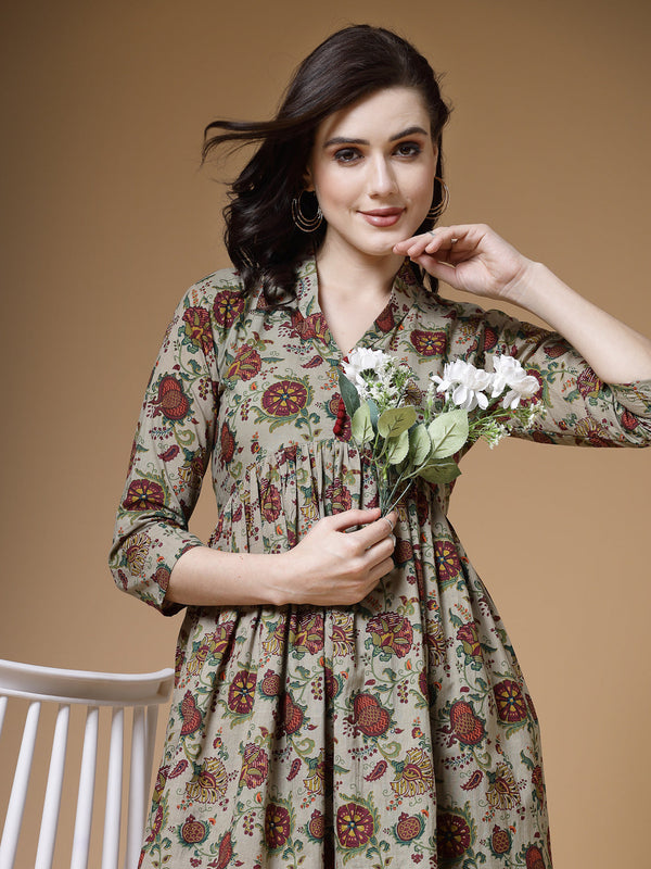 Indibelle Green Floral Print Cotton Nyra Kurta Set