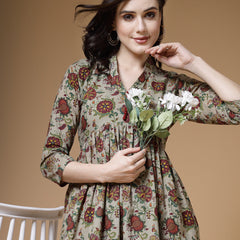 Indibelle Mehandi Floral Print Cotton Nyra Kurta