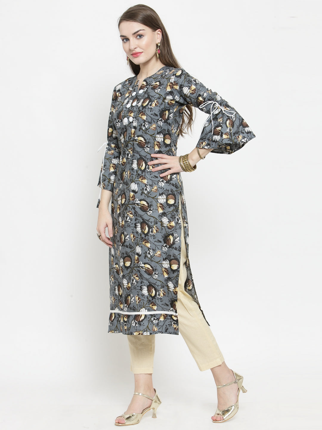 Indibelle Brown Rayon Printed Straight kurta