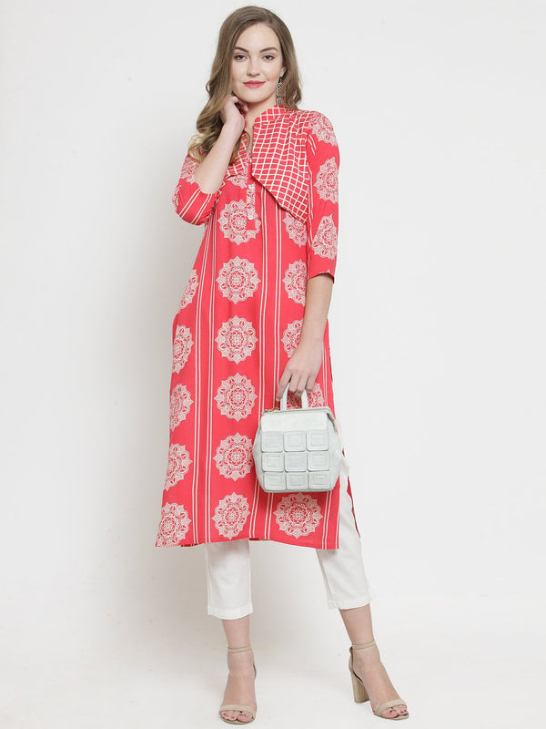 Indibelle Pink Rayon Printed Straight Kurta With Short Jacket