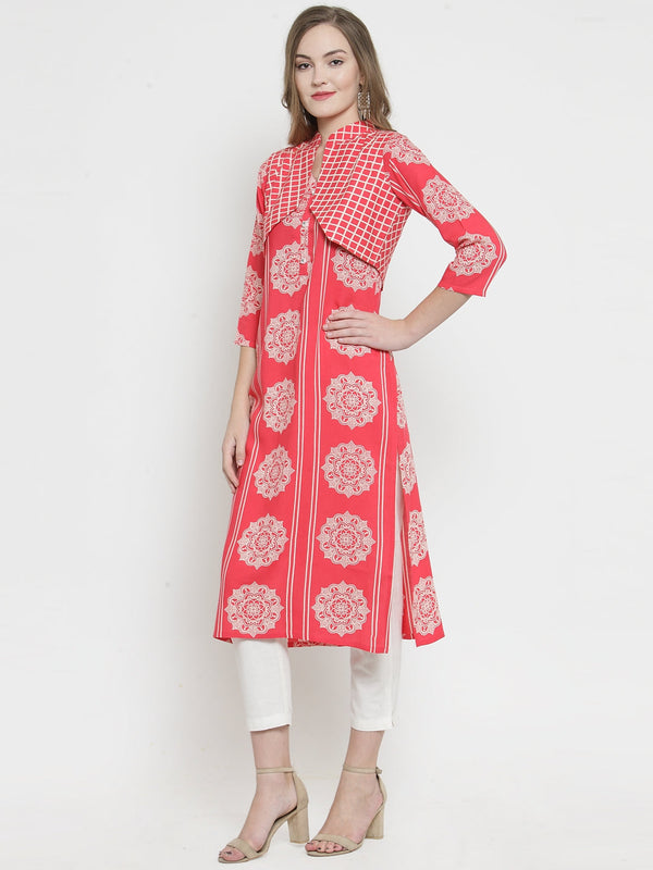 Indibelle Pink Rayon Printed Straight Kurta set With Short Jacket 