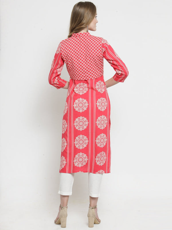 Indibelle Pink Rayon Printed Straight Kurta set With Short Jacket 