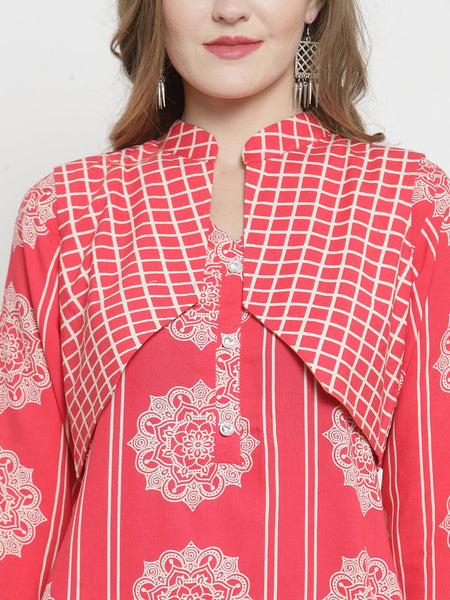 Indibelle Pink Rayon Printed Straight Kurta With Short Jacket