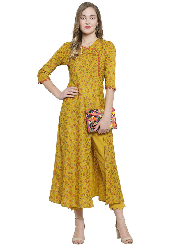 Indibelle Mustard Rayon Slub Florel Gold Print A-line Kurta