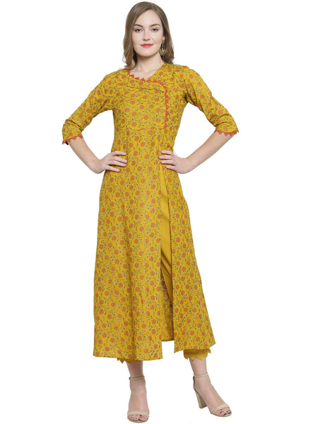 Indibelle Mustard Rayon Slub Florel Gold Print A-line Kurta