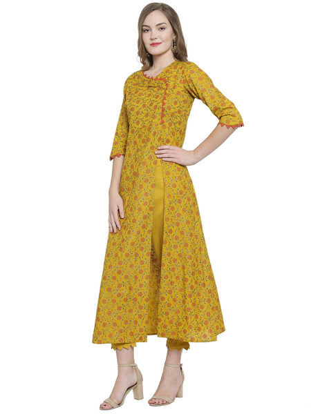 Indibelle Mustard Rayon Slub Florel Gold Print A-line Kurta