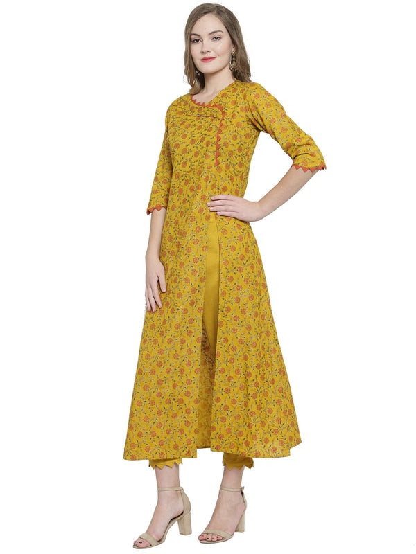 Indibelle Mustard Rayon Slub Florel Gold Print A-line Kurta