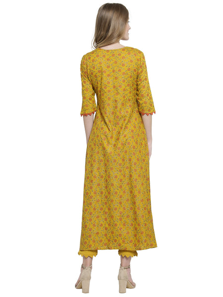 Indibelle Mustard Rayon Slub Florel Gold Print A-line Kurta