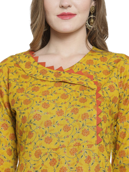 Indibelle Mustard Rayon Slub Florel Gold Print A-line Kurta