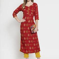 Indibelle Maroon Rayon Printed Straight Kurta