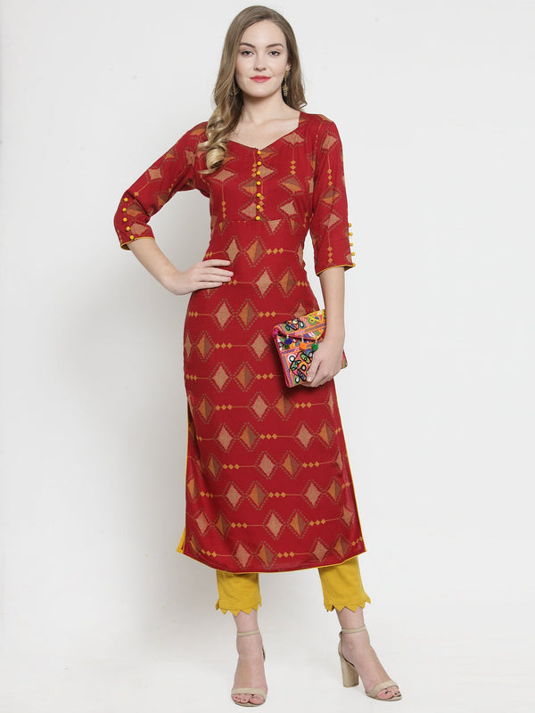 Indibelle Maroon Rayon Printed Straight Kurta