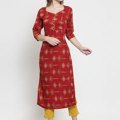 Indibelle Maroon Rayon Printed Straight Kurta