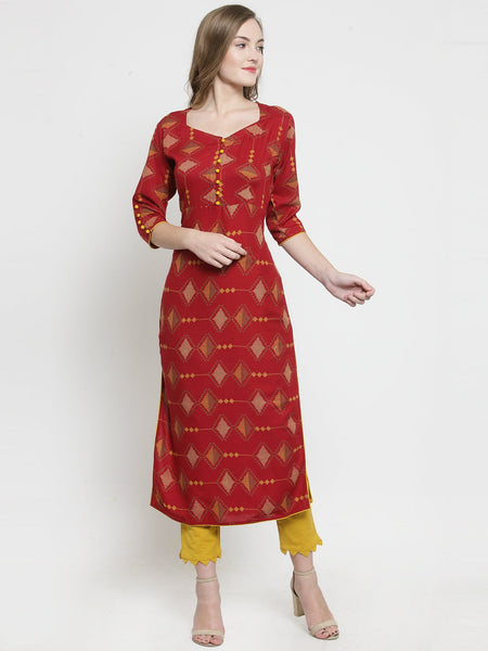 Indibelle Maroon Rayon Printed Straight Kurta