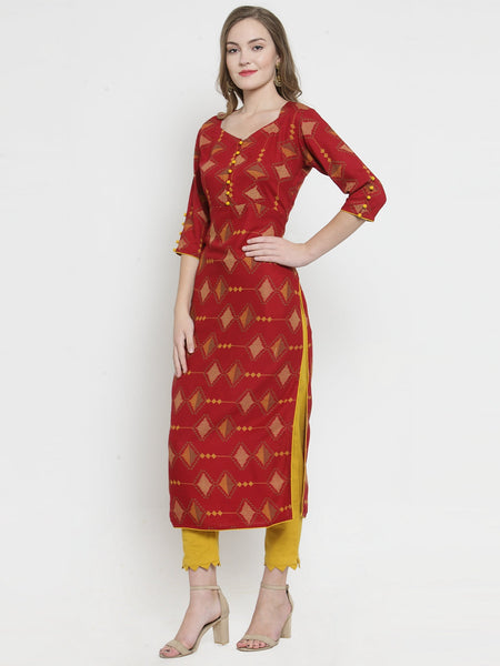 Indibelle Maroon Rayon Printed Straight Kurta