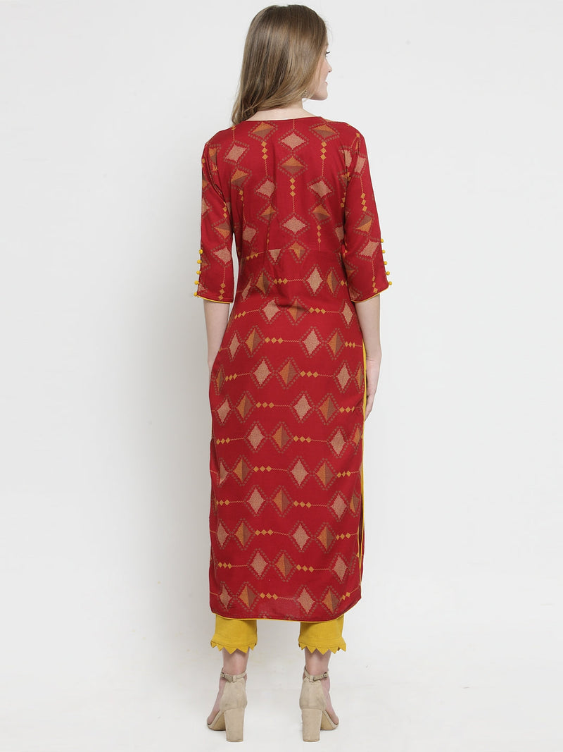 Indibelle Maroon Rayon Printed Straight Kurta