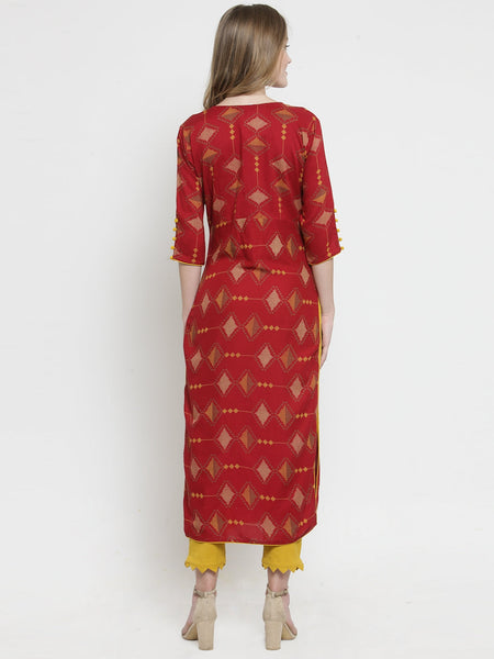 Indibelle Maroon Rayon Printed Straight Kurta