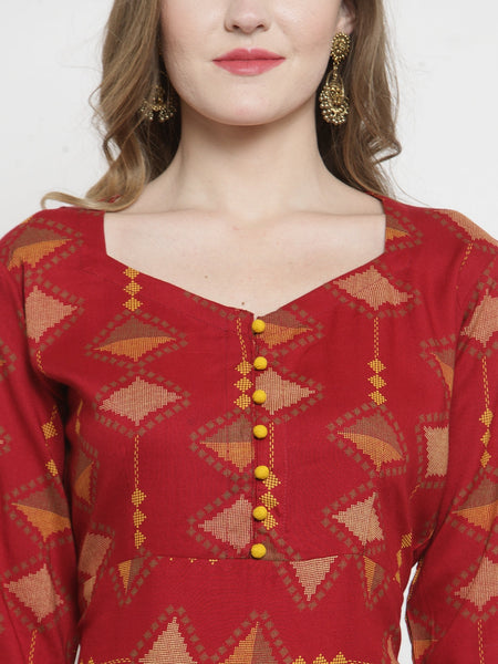 Indibelle Maroon Rayon Printed Straight Kurta